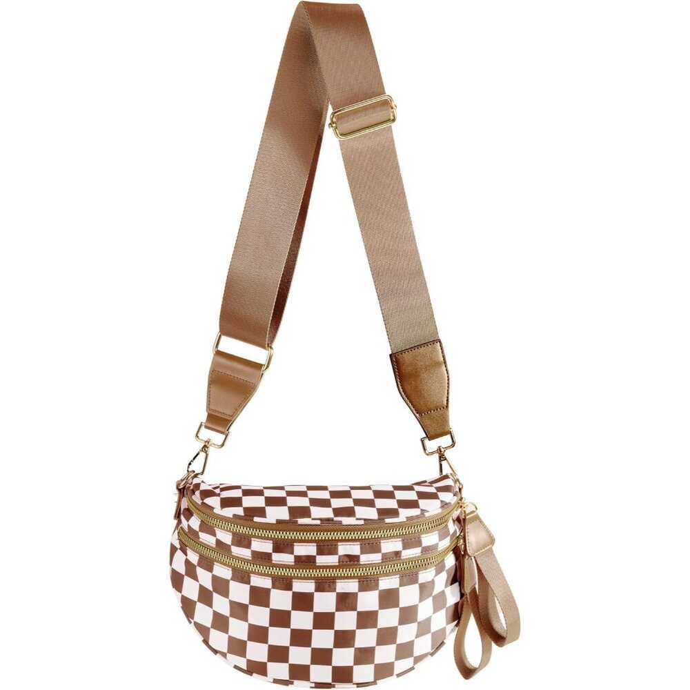 〽️Women's Brown White Nylon Checkered Adjustable Straps Zipper Crossbody Bag